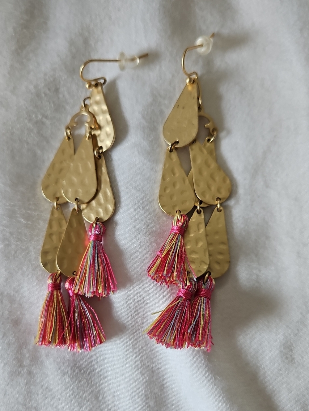 Gold Teardrop Tassel Earrings with Pink Multi-Color Thread